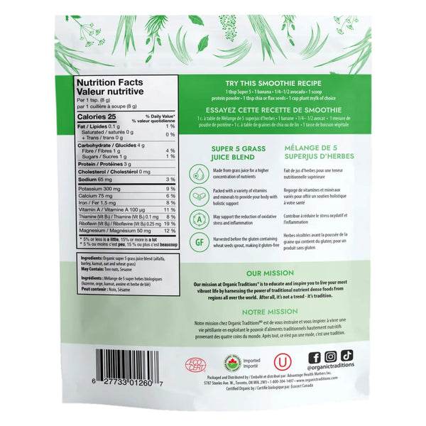 Package Back of Organic Traditions Super 5 Grass Juice Blend
