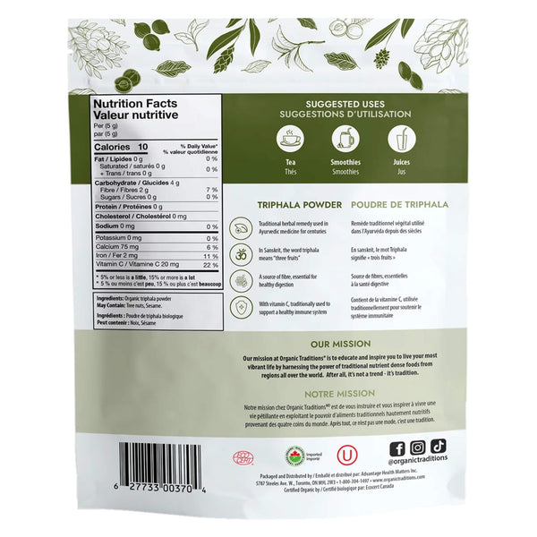 Package Back of Organic Traditions Triphala Powder
