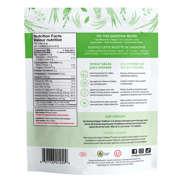 Package Back of Organic Traditions Wheat Grass Juice Powder 
