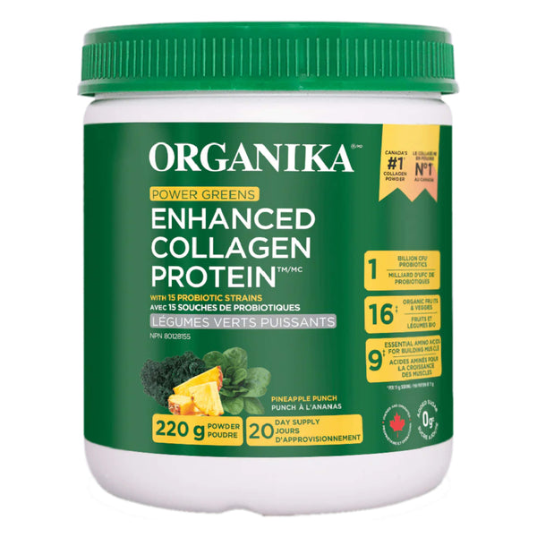 Tub of Organika EnhancedCollagen PowerGreens PineapplePunch 20DaySupply 220g