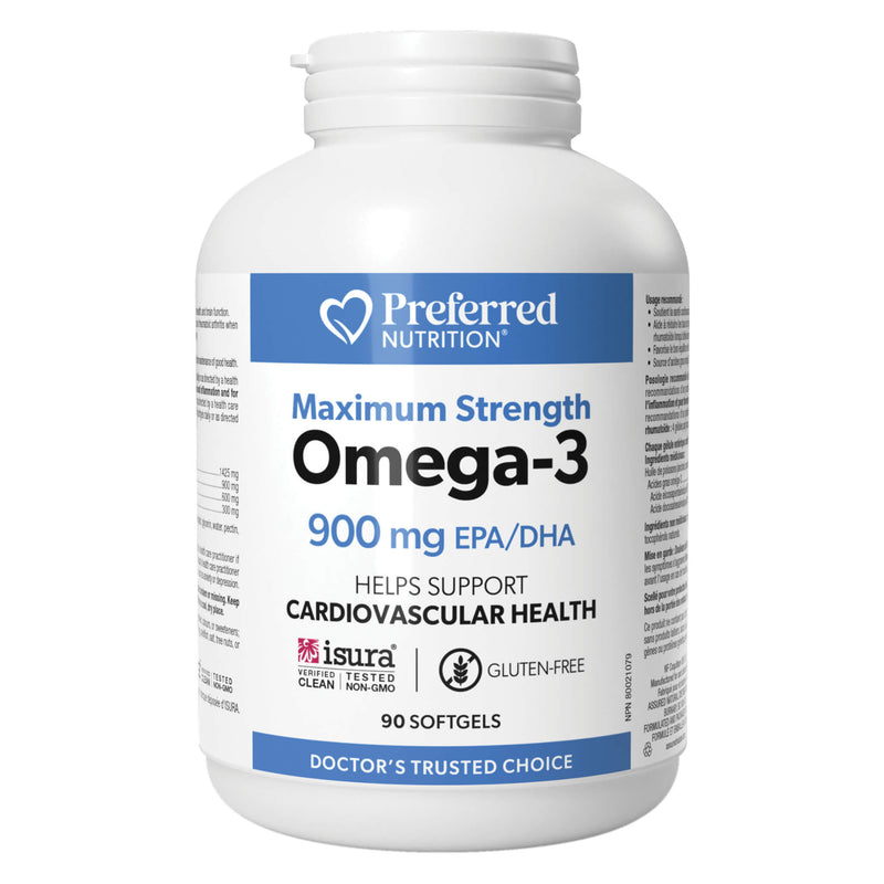 Bottle of PreferredNutrition Omega-3 EPA/DHA 900mg 90Softgels