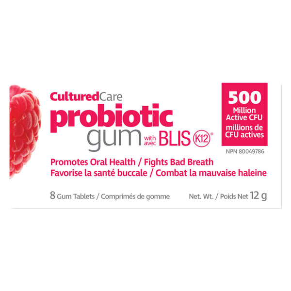 Box of PrairieNaturals CulturedCare® ProbioticGum RaspberryPomegranate 8Pieces