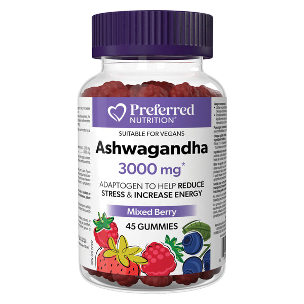 Bottle of PreferredNutrition Ashwagandha 3000mg MixedBerryFlavour 45Gummies