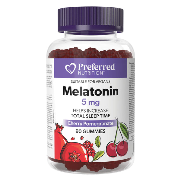 Bottle of PreferredNutrition Melatonin 5mg CherryPomegranateFlavour 90Gummies