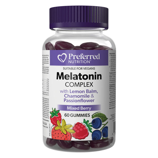 Bottle of PreferredNutrition MelatoninComplex MixedBerryFlavour 60Gummies