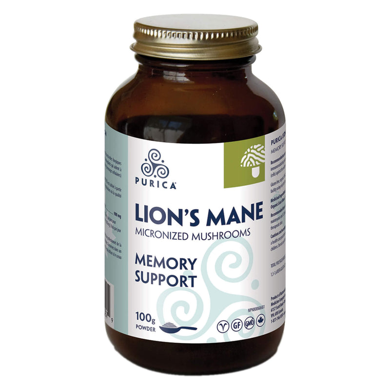 Bottle of Purica Lion's Mane Micronized Mushrooms Memory Support 100g Powder