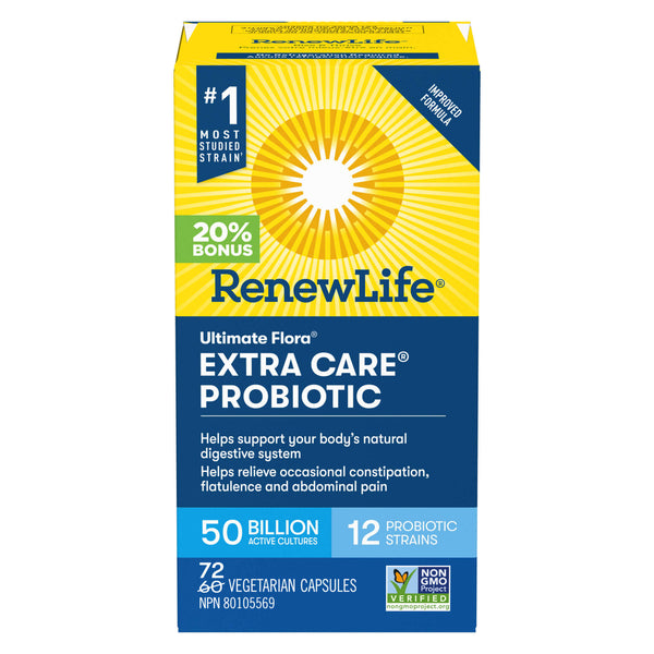 Box of RenewLife Ultimate Flora Extra Care Probiotic 50 Billion Active Cultures Bonus Size 72 Vegetarian Capsules