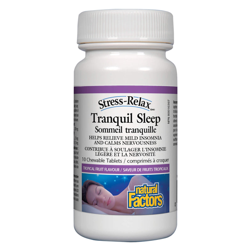 Bottle of StressRelax TranquilSleep TropicalFruitFlavour 10ChewableTablets