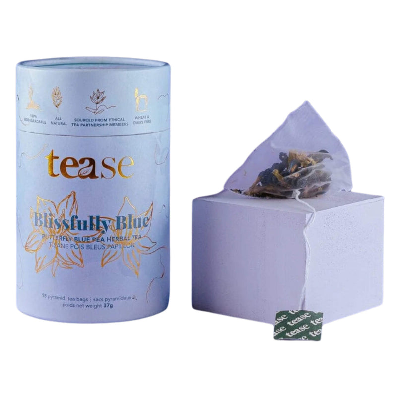 Tube and Bag of TeaseTea BlissfullyBlue 37g 15PyramidTeaBags
