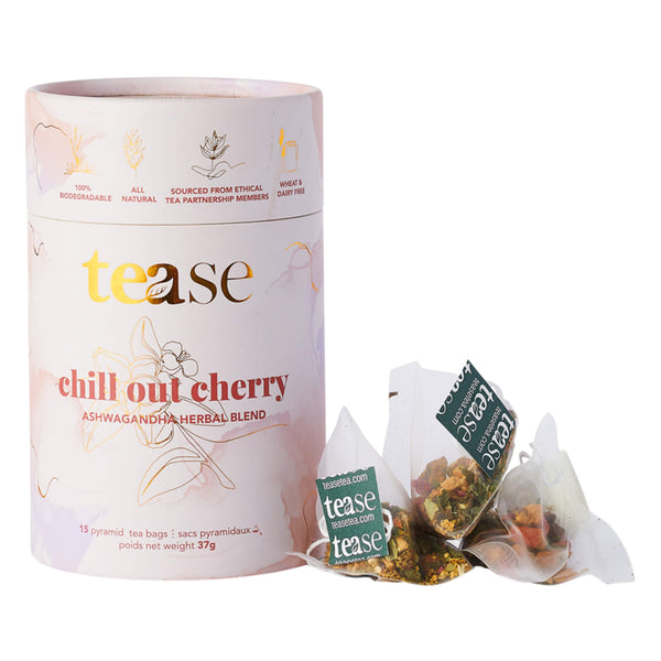 Cylinder of TeaseTea Chill Out Cherry 15 Pyramid Tea Bags