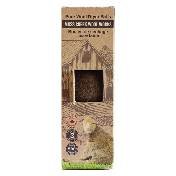 Box of Moss Creek Wool Works Brown Pure Wool Dryer Balls 3-Pack