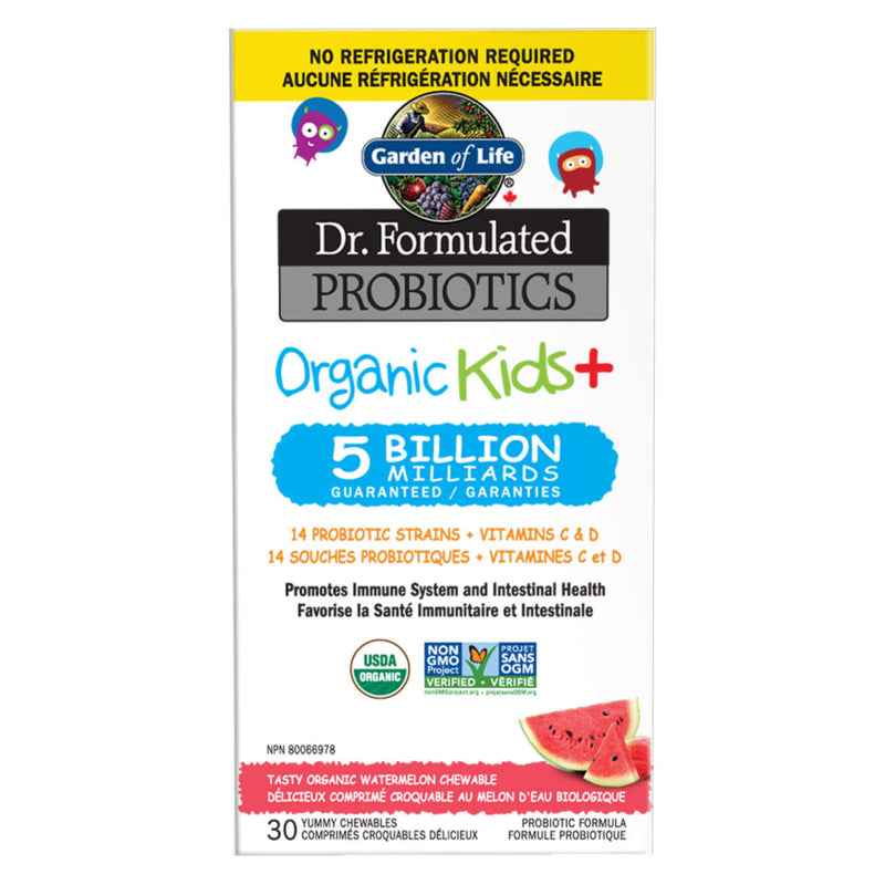 Box of Garden of Life Dr. Formulated Probiotics Organic Kids+ 5 Billion CFU Watermelon Shelf Stable 30 Chewables