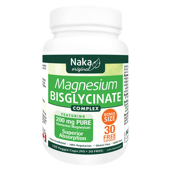 Bottle of Naka Magnesium Bisglycinate Complex 90+30 Capsules Bonus Size