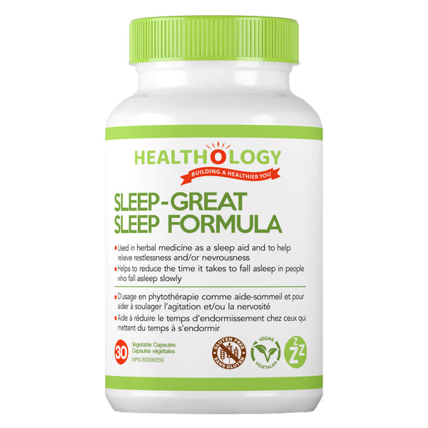 Bottle of Healthology Sleep-Great Sleep Fomrula 30 Vegetable Capsules