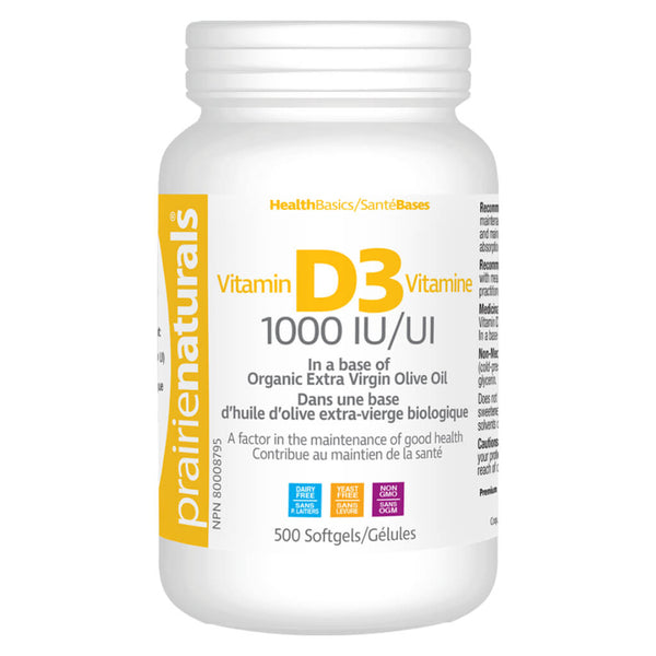 Bottle of Prairie Naturals Vitamin D3 1000 IU 500 Softgels