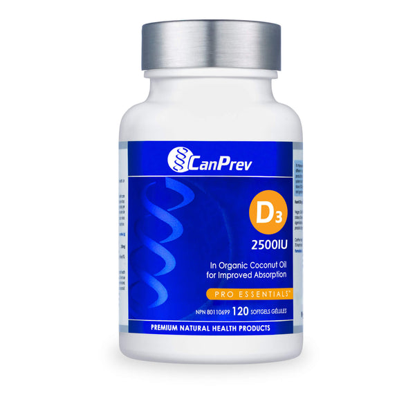 Bottle of CanPrev D3 2,500 IU MCT Oil Base 120 Softgels