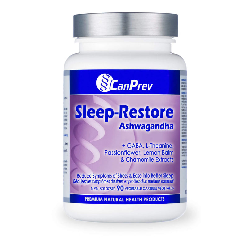 Bottle of CanPrev Sleep Restore Ashwagandha 90 Vegetable Capsules